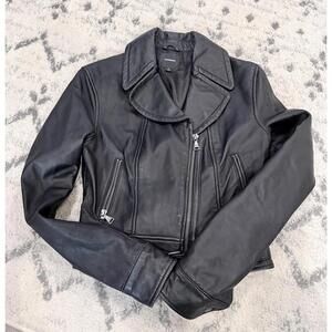Express Black Leather Moto Jacket with Belted Hem